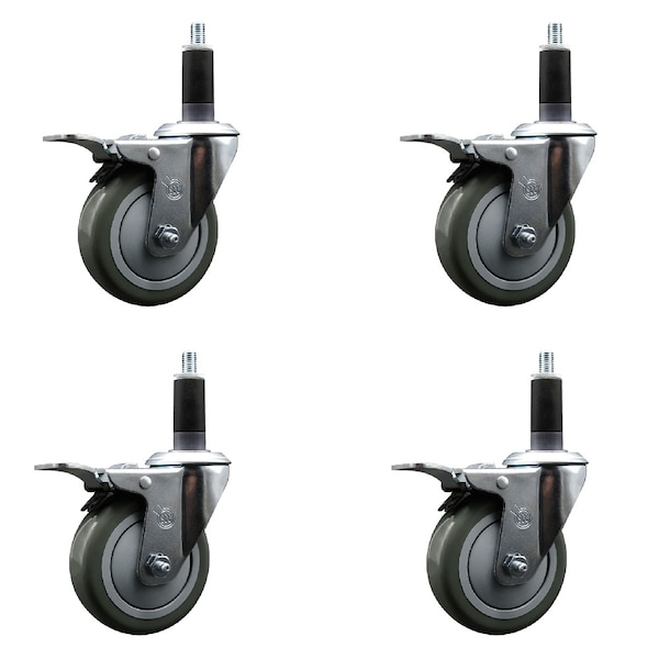 4'' Gray Poly Swivel 1-1/8'' Expanding Stem Caster Set Total Lock Brake, 4PK